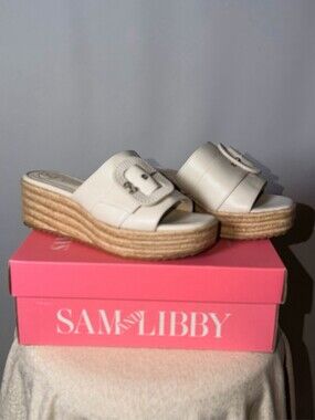 Sam & Libby Cream Buckle Espadrille Platform Wedge Slide Sandals